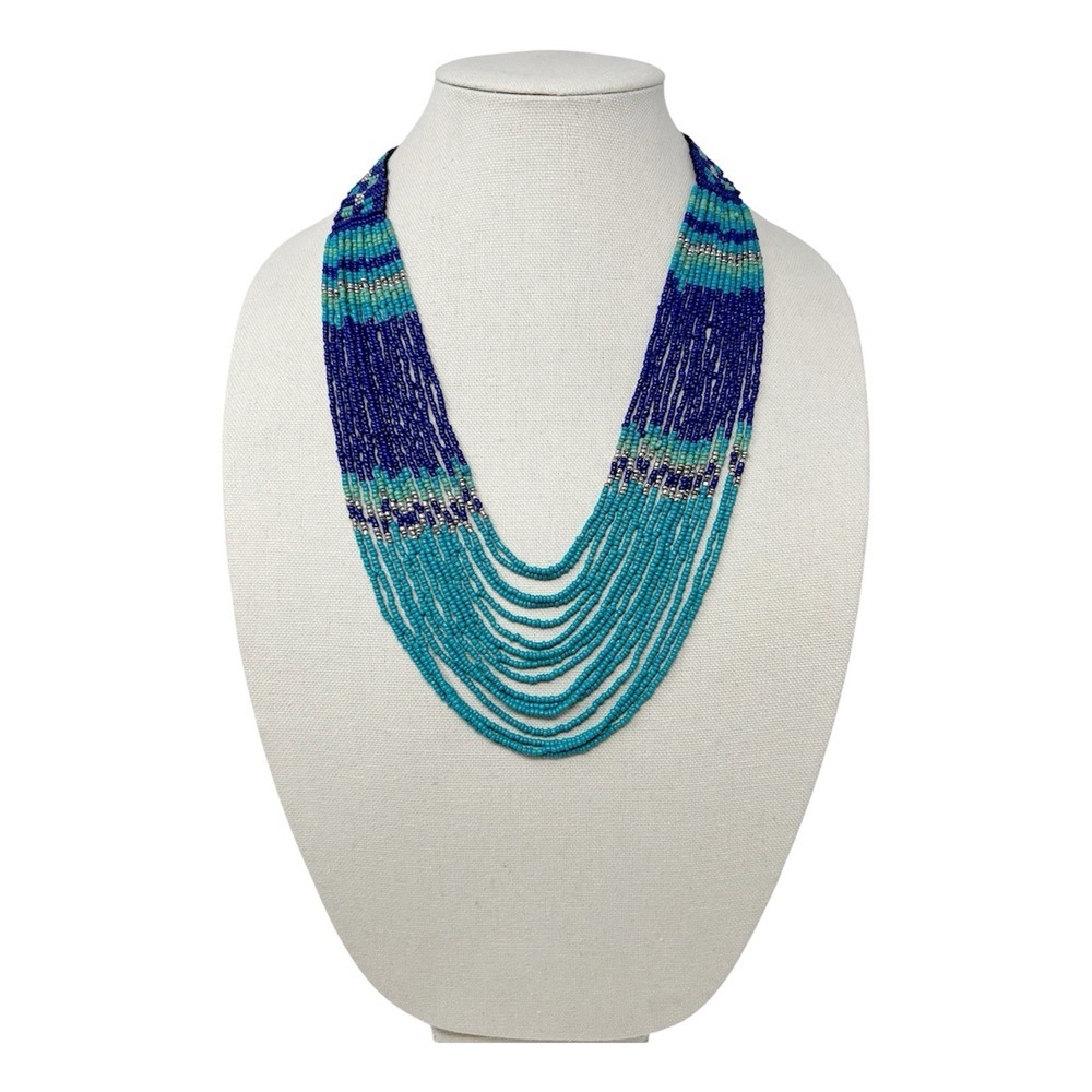 Multi-Strand Beaded Statement Necklace Blue Turquoise Silver Tone Boho Bib